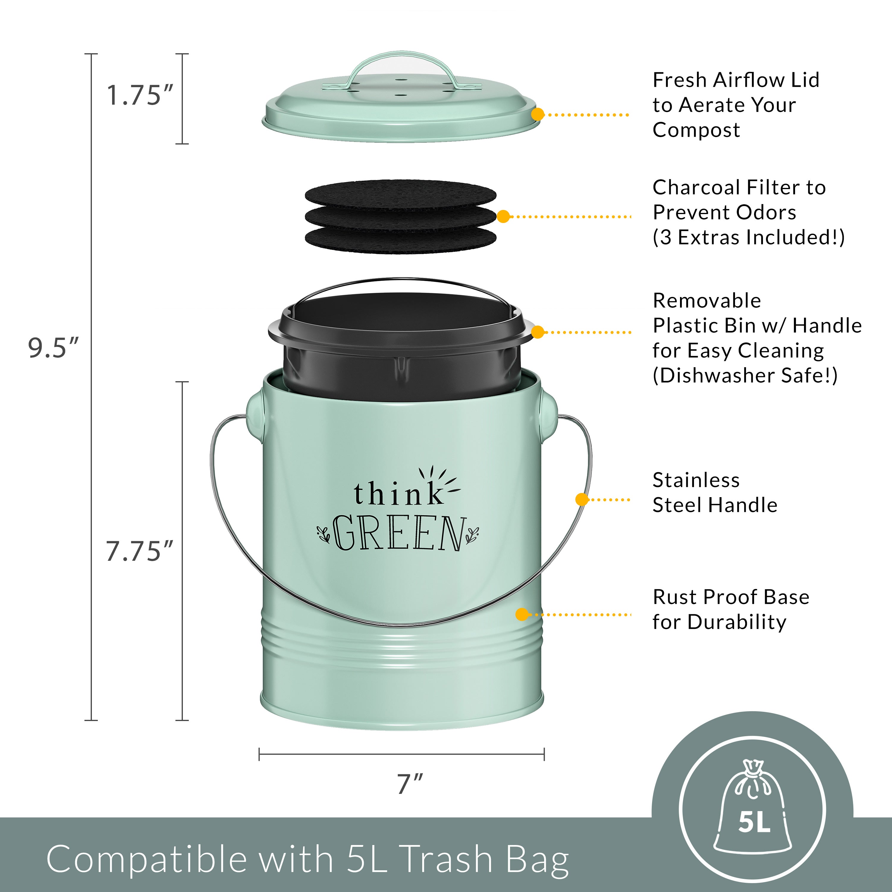 Lucky Family Green Countertop Compost Bin with Lid - 1.3 Gal Stainless  Steel Compost Pail for Kitchen - Bucket Composter Container Indoor Outdoor  - 50