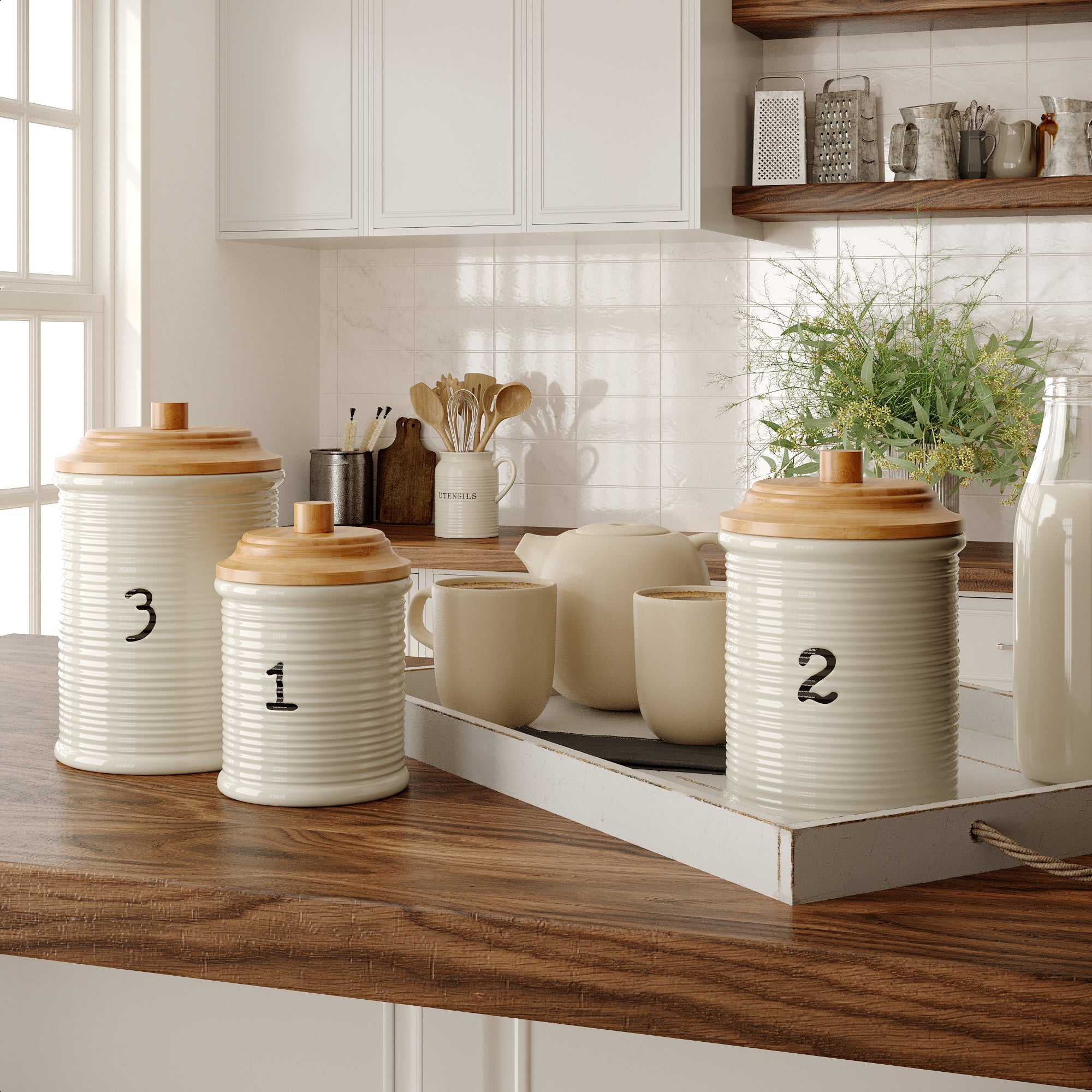 Barnyard Designs Kitchen Canister Set, Numbered Airtight Ceramic Containers  with Wooden Lids, Decorative Coffee, Sugar, Tea Storage for Rustic  Farmhouse Decor, 5.75H/6.75H/7.75H, White, Set of 3