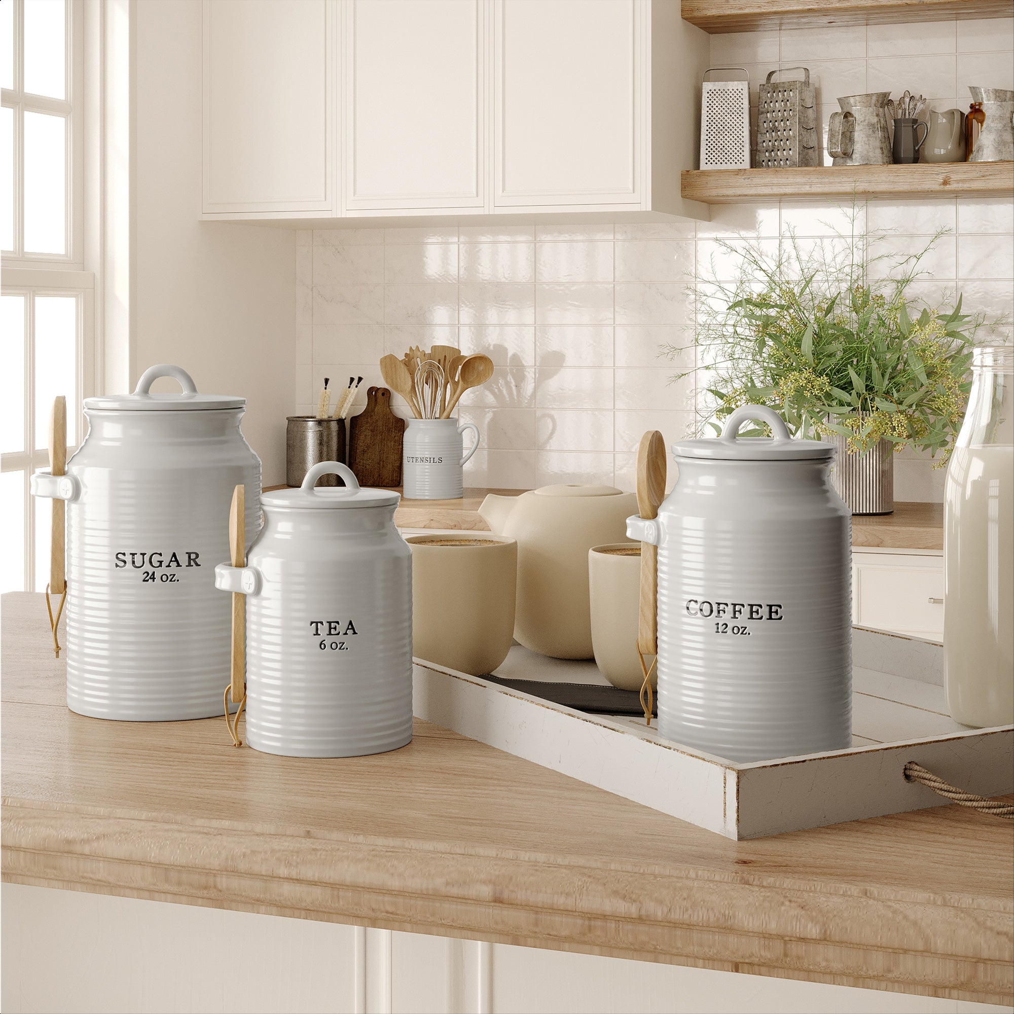 Barnyard Designs Kitchen Canister Set, Ceramic Canisters with Lid,  Decorative Coffee, Sugar, Tea, Storage Containers for Kitchen Counter,  Rustic Farmhouse Decor, Grey, Set of 3