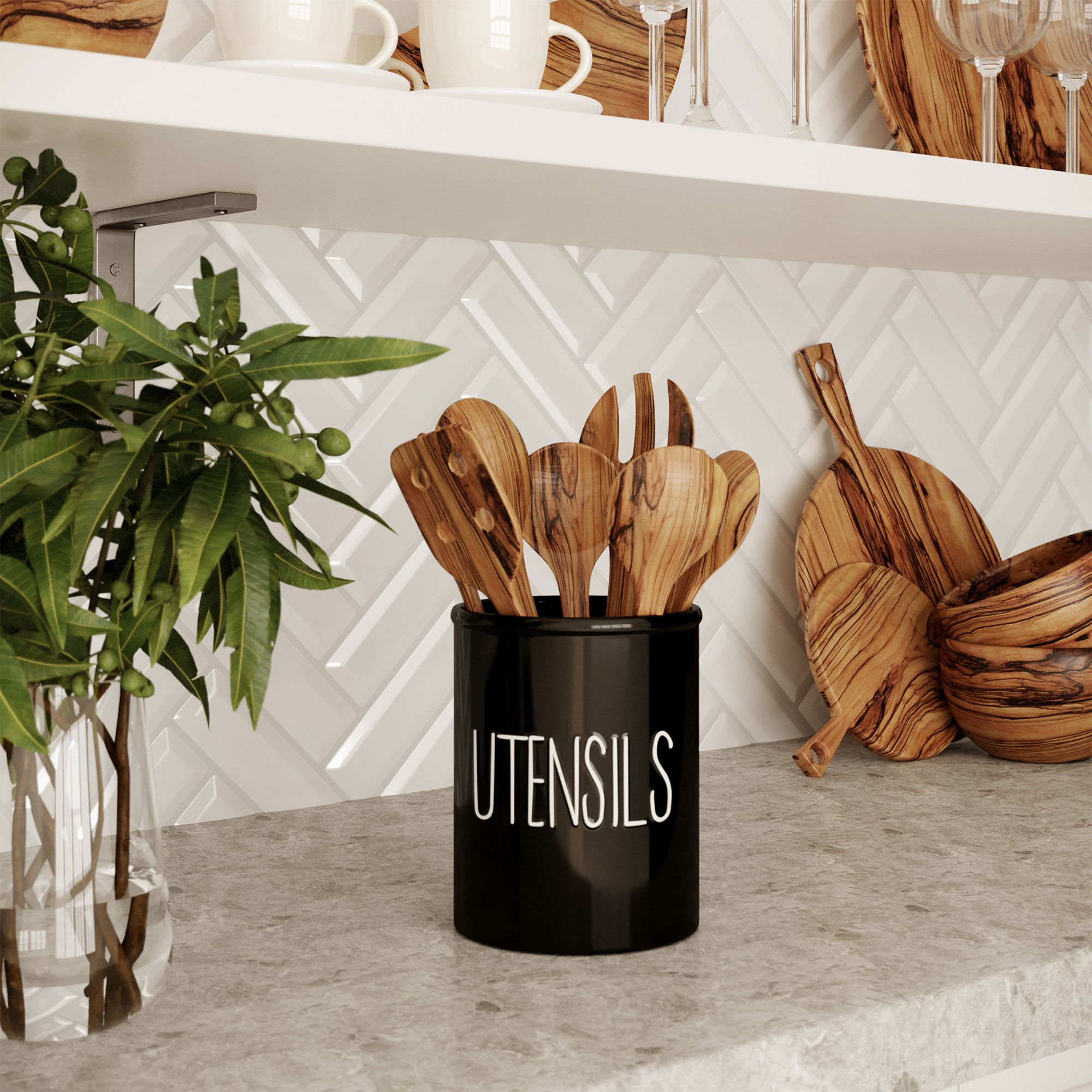 Farmhouse Ceramic Utensil Holder - White Countertop Organizer For Kitchen Tools