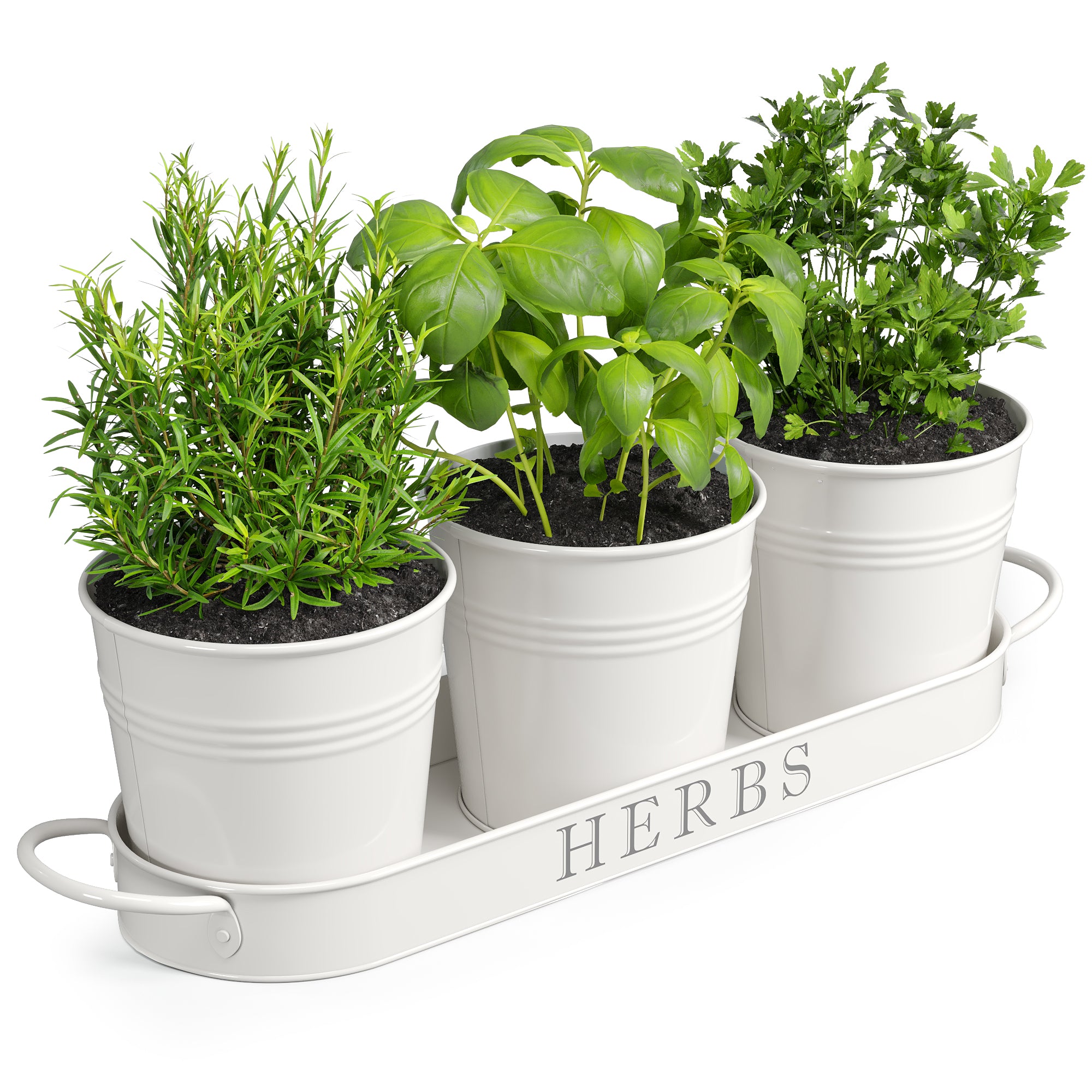3 pot planter with tray Barnyard Designs Indoor Outdoor Herb Garden Planter Set with Tray, Metal  Windowsill Herb Pots, White, Set/3