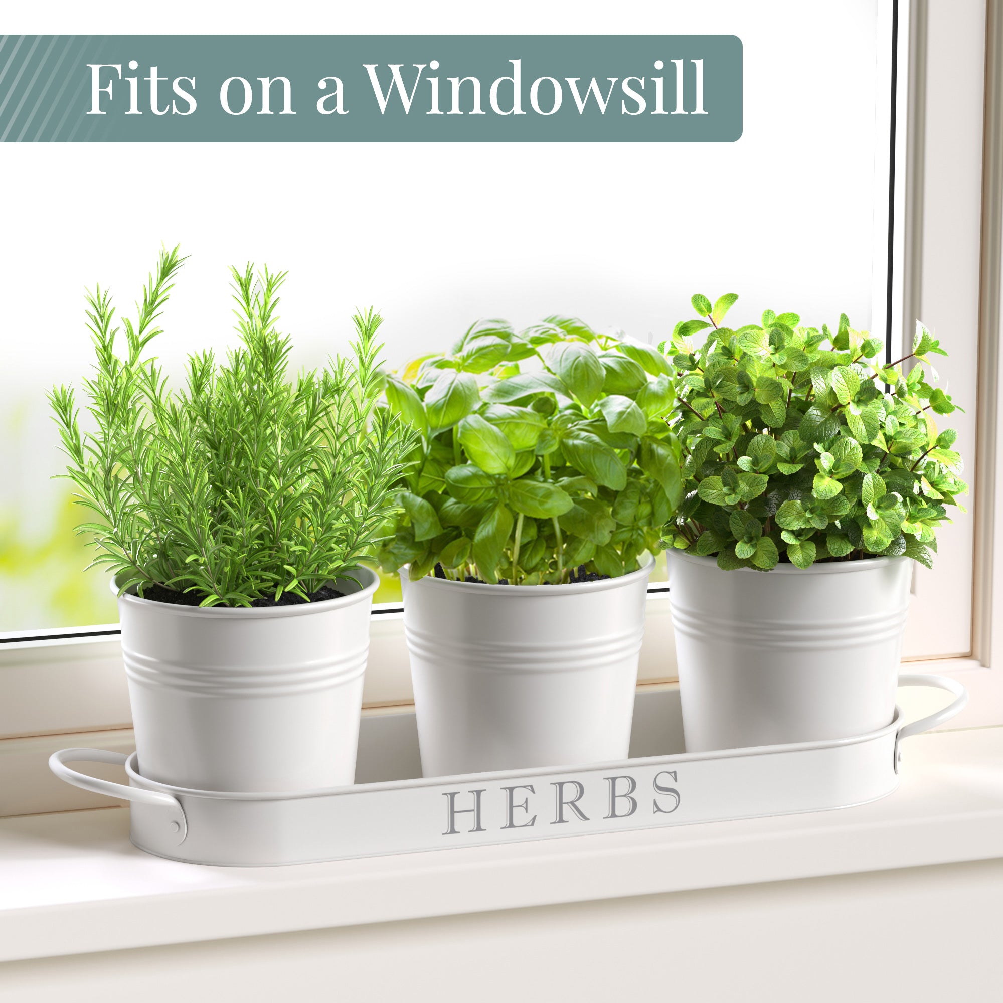 small plant pots for herbs Barnyard Designs Indoor Outdoor Herb Garden Planter Set with Tray, Metal Windowsill Herb Pots, White, Set/3